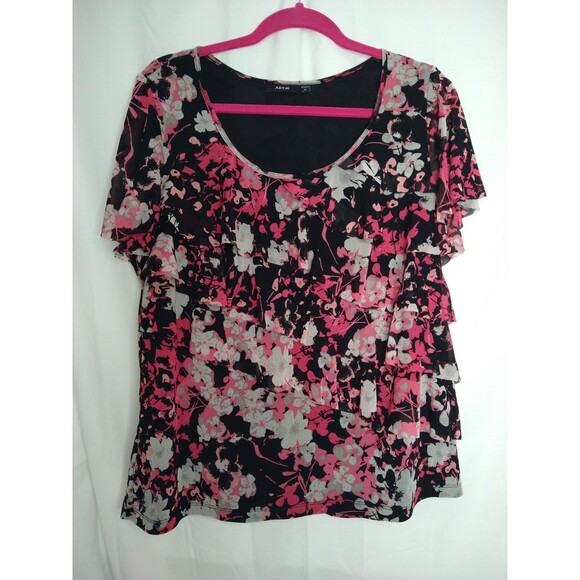 APT.9 Short Sleeve Ruffle Tiered Black Pink Purple Blouse Floral Womens Size 1XL - Picture 1 of 7